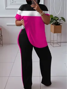 SummerVibes Women's Plus Size 2 Piece Outfits Tracksuits Color Block Casual Outfit - Comfortable Polyester Short Sleeve Top and Loose Wide Leg Pants Set, Machine Washable, Suitable for Fashion Casual Clothing Womenswear