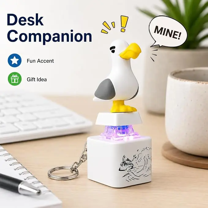 Cute "MINE!" Seagull Button Keychain - Fashion Accessory with Real Sound Effects, LED Light; Interactive Gift for Friends