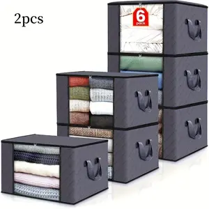 1pc/2pcs Large-capacity Folding Collapsible Storage Box, Clothes Storage Chest with Lid and Handle, Clothes Storage Organiser, Durable Non-woven Folding Organizer, Suitable for Wardrobes, Bedrooms, Travel - Space-saving Storage Container