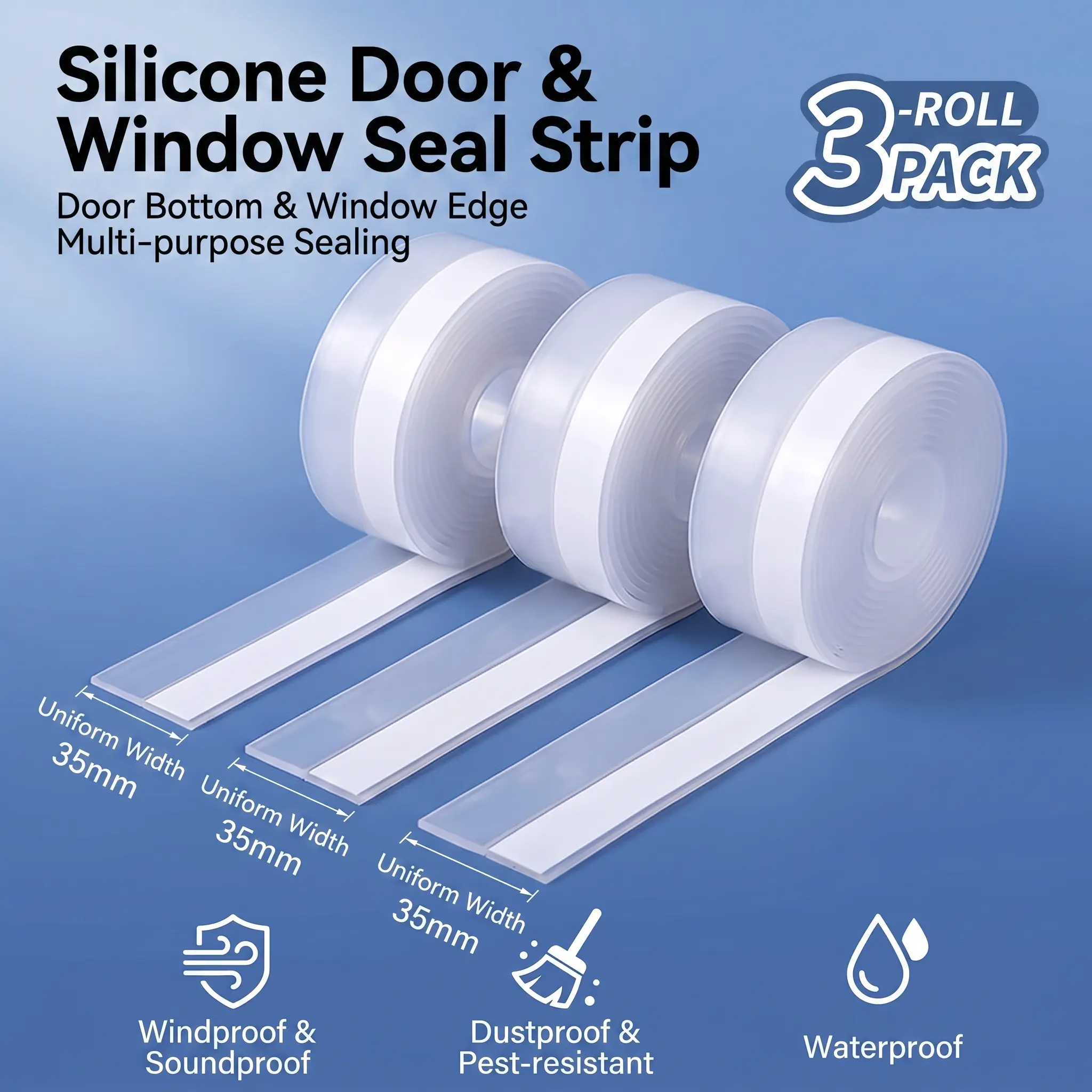 3-Pack Silicone Weather Seal Strip, Self-Adhesive Door & Window Draft Stopping Tape, Transparent Seal Gap Sealer for Indoor/Outdoor Use