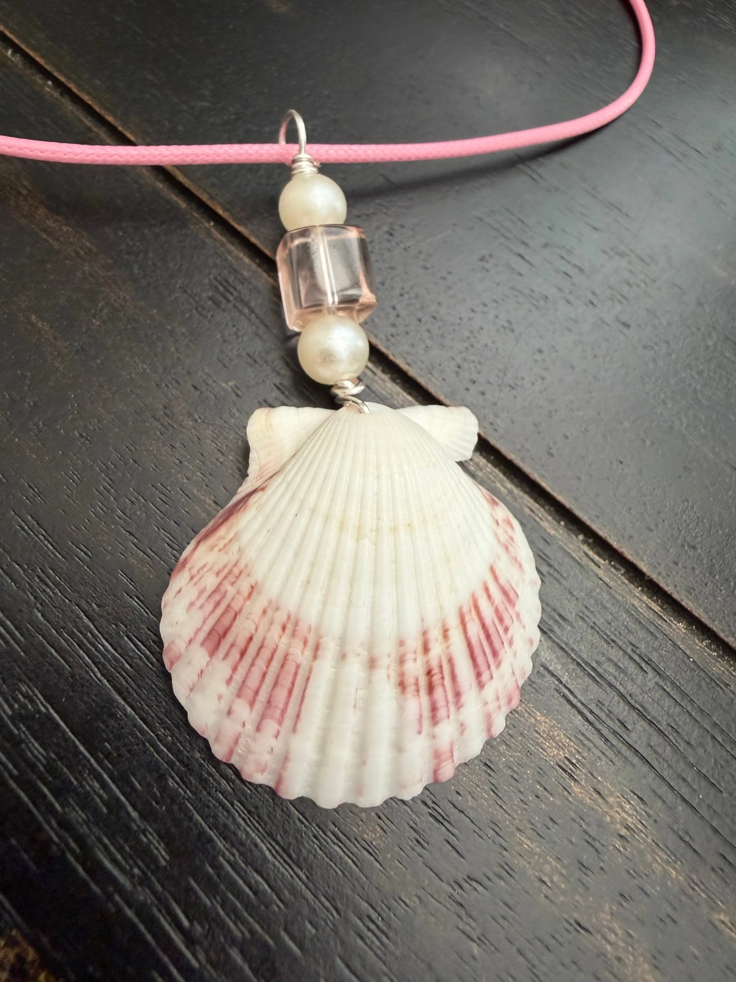 Sanibel Blush Scallop Shell Necklace – Pearl & Crystal on Pink Waxed Cord, Mini Shell Necklaces, Nautical Style Necklaces