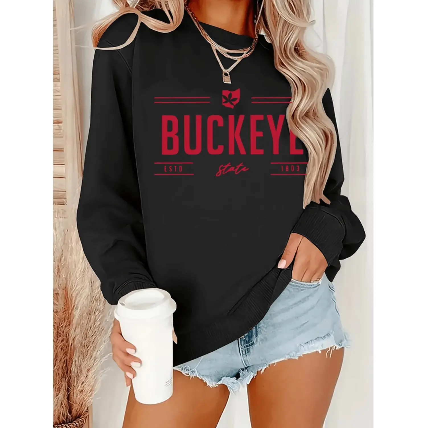 Women's Casual Buckeye State Graphic Pullover Sweatshirt - Cotton Blend Crewneck, Moisture-Wicking, Lightweight, Loose Fit, Sporty Chic Sports Top for Outdoor Activities