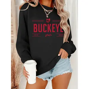 Women's Buckeye State Graphic Pullover Sweatshirt, Lady's Casual Round Neck Tops, 100% Polyester Relaxed Fit Lightweight Women's Clothes for Spring & Fall Sports & Outdoor Wear