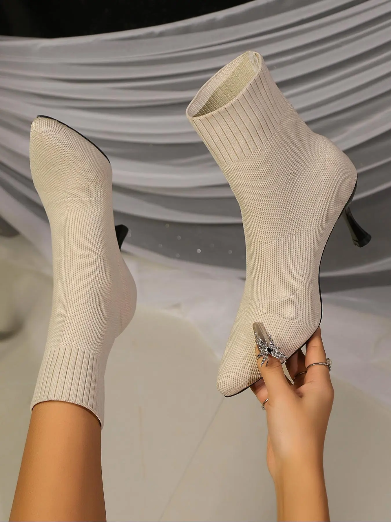 Women's Fashion Pointed Toe High Heels Socks Boots, Pointy Toe Boots, Stretch-knit Ankle Boots with Slimming Fit Design, Booties for Spring Autumn, Gifts for Her, Breathable Comfortable Footwear, Versatile Boots, Casual Warm Boots