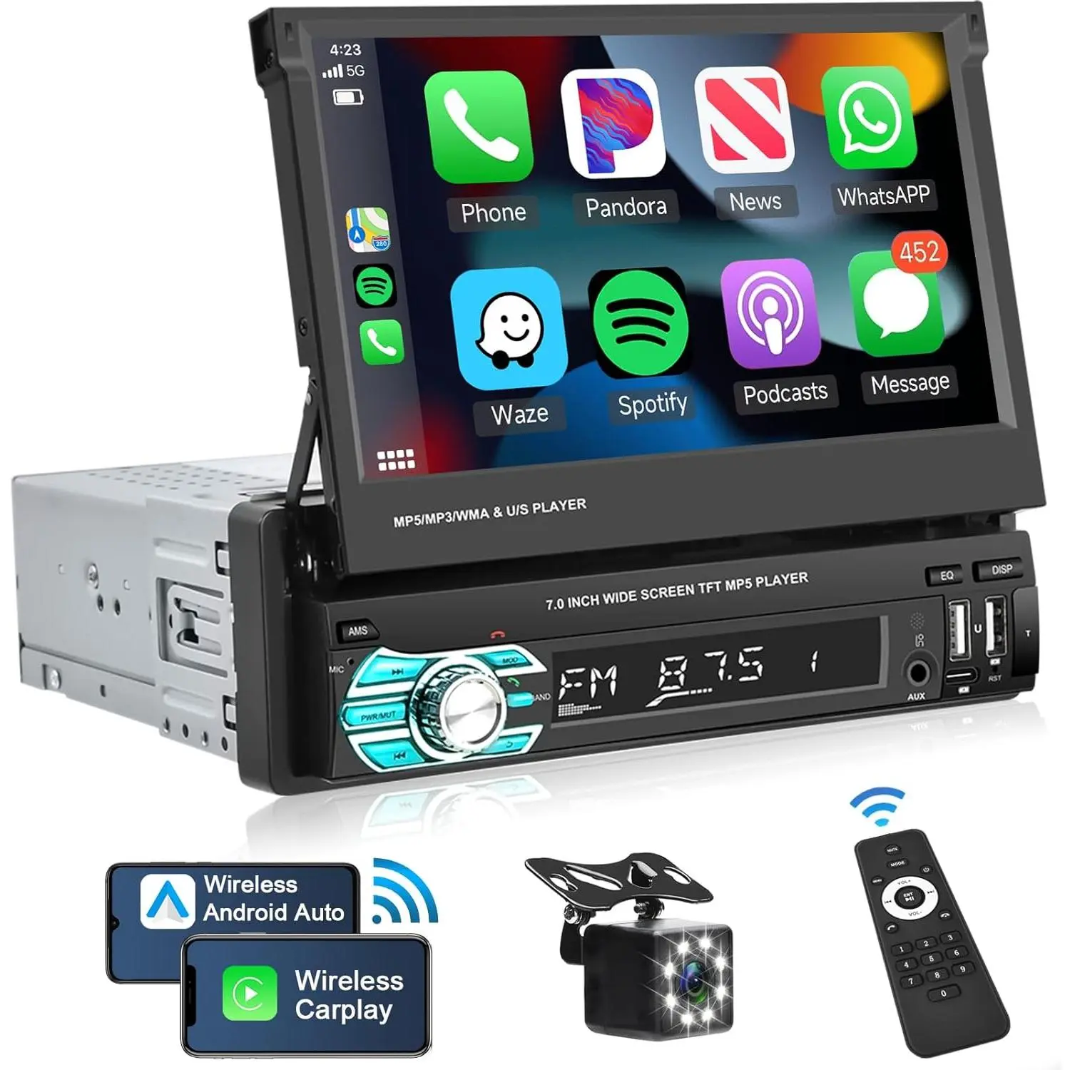 [Upgrade] Supports Wireless Carplay Single Din Car Stereo, 7 Inch Flip Out Touchscreen Car Radio with Wireless Android Auto, Bluetooth, Type-C/USB/TF/Aux, SWC, FM, Voice Control, Backup Camera,SummerVibes
