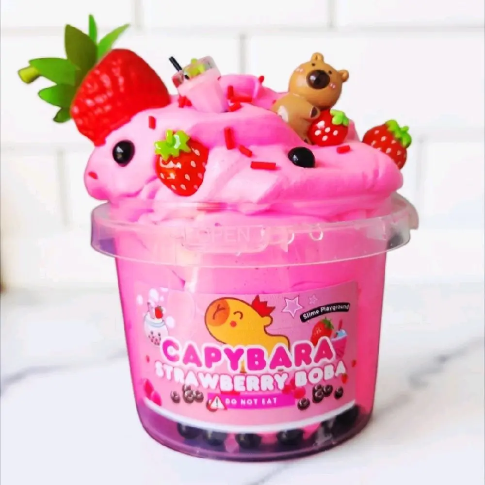 Capybara Strawberry Boba Slime - 10 oz Bucket + Surprise Capy Squishy - Sensory