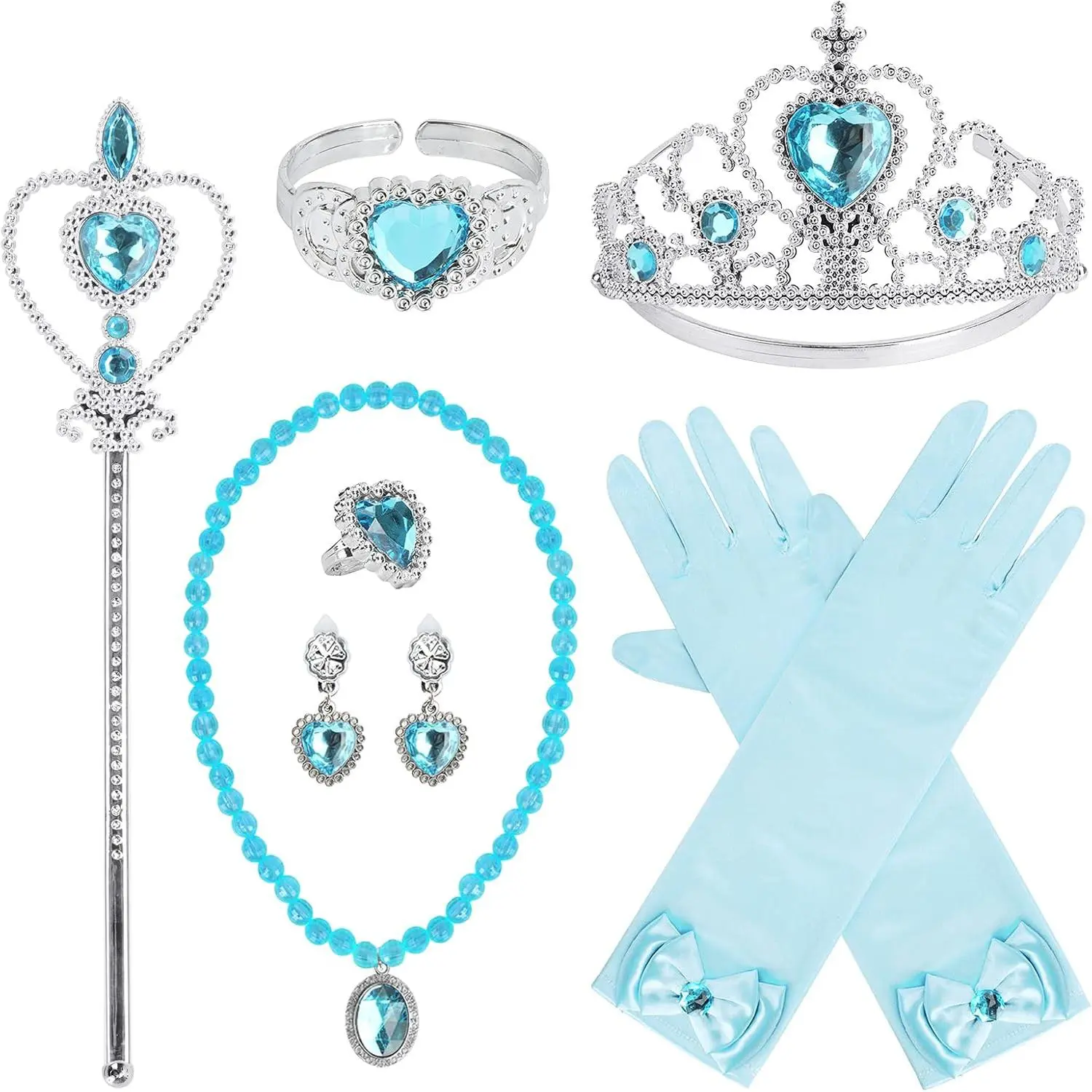 X-CPA07 Girls' Polyester Princess Cosplay Dress-Up Party Sturdy Plastic Accessory Set (9pcs) - Christmas Use, Jewel-Accented Gloves, Tiara, Wand, Necklace, Earrings, Bracelet, Ring (Blue, Set of 7 Core Pieces Highlighted), Jewel Accents, 1 X Necklace, Set