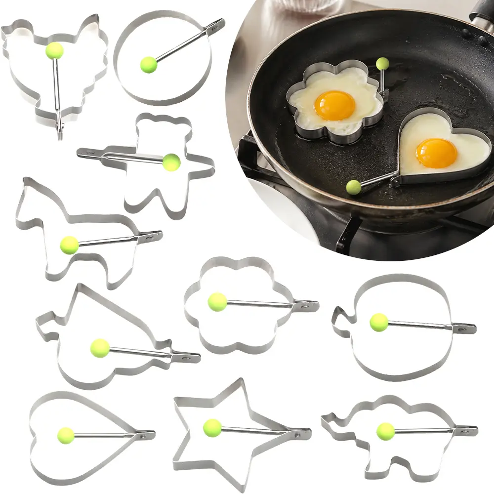 10pcs Set Fried Egg Rings Molds Non Stick for Griddle Pan, Egg Shaper Pancake Maker with Handle, Stainless Steel Egg Form for Frying Cooking