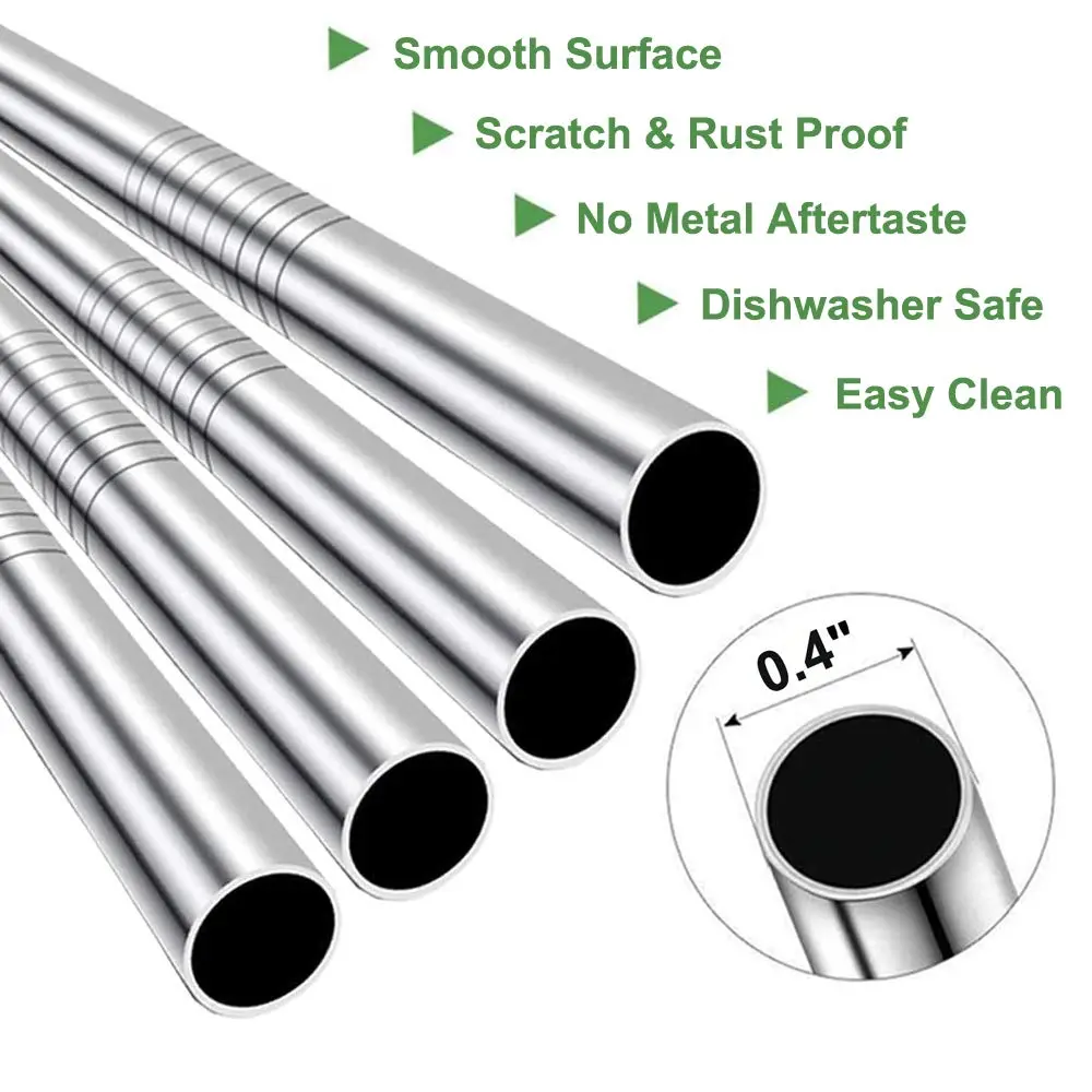 Vinaco Stainless Steel Smoothie Straws, 0.4'' Extra Wide Reusable Drinking Straws for MilkshakeBeverage Set of 4 with 1 Cleaning Brush Drinkware Glass