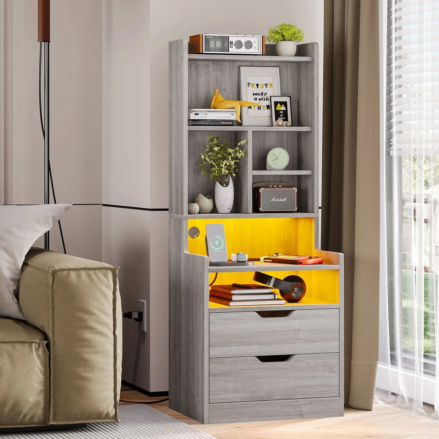 SIKAIC Tall LED Nightstand with Lights, Grey Bedroom Nightstand with Bookshelf Storage, Charging Station and Drawer Storage