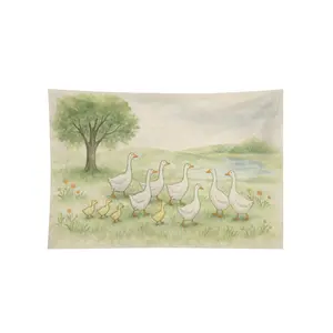 Goose Nursery Tapestry: Watercolor Duck Family Wall Art  Tapestry Beige Duck Family In Nature Scene For Living Room Decor