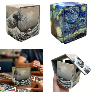 1Pc Artistic Magnetic Trading Cards Box Storage Case Holder - Starry Night & The Great Wave Design, Organizer for PTCG MTG Sports Baseball Basketball Football Cards Games Cartoon Cards - Perfect Gift for Gamers Cards Collector Trade Card Box