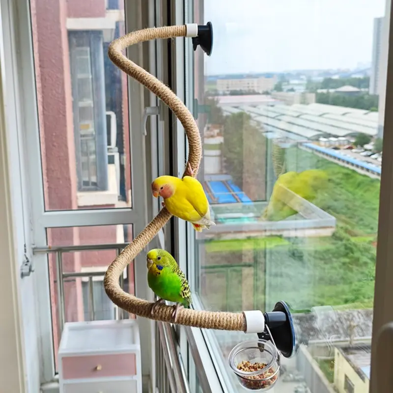 1pc Rope-Wrapped Bendable Perch for Birds, Multifunctional Parrot Climbing Ladder Perch, Suction Cup Perch, Bird Perch Accessories, Birdcage Accessory That Sticks to Window Glass, Smooth Tile Walls, Can Be Installed Inside The Birdcage