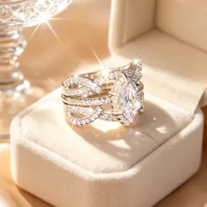 2pcs Stackable Marquise Cubic Zirconia Ring Set - Vintage Infinity Design with Pave Accents, Ideal for Bridal & Formal Occasions