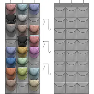 Grey Hat Organizer Racks for Baseball Caps, 24 Deeper Pockets Baseball Hat Rack, Cap Rack, Hat Rack for Door with 3 Hooks