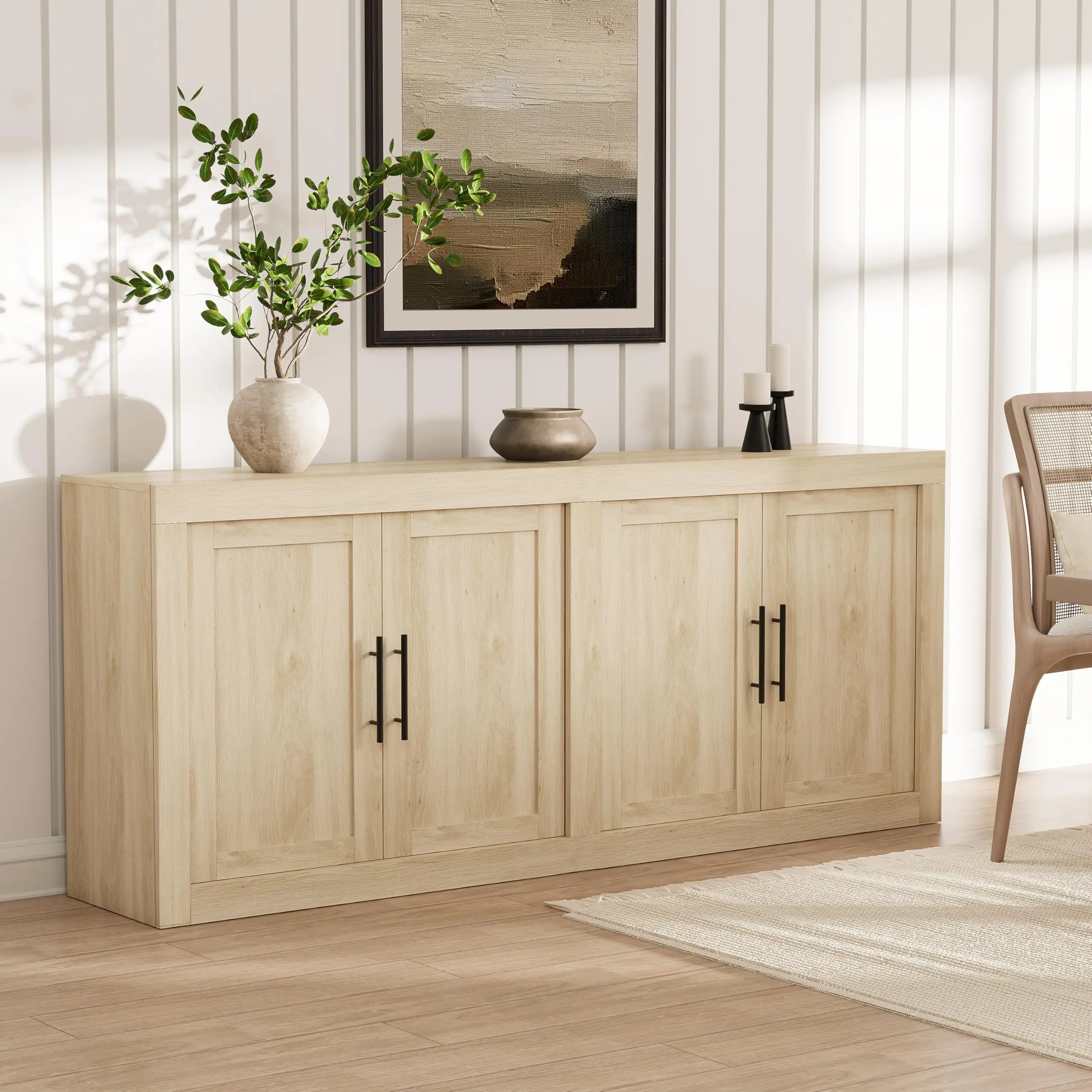 GARVEE Natural Oak 70.8 in Sideboard Buffet Cabinet with Storage,Mid Century Modern Accent Cabinet with 4 Doors,Wood Coffee Bar Media Console Credenza for Living Room,Kitchen,Hallway