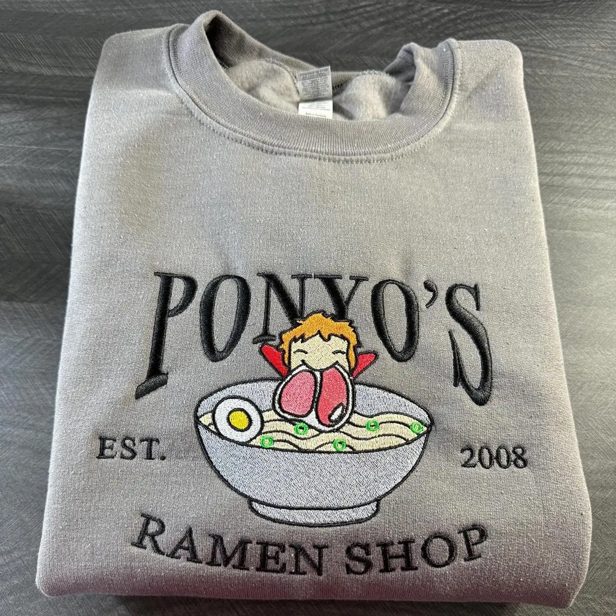 Embroidered PONYO Unisex Sweatshirt, TShirt, Hoodie, Anime Manga Merch Gift Childhood Dragon Crewneck Sweater Embroidery Ponyo Ramen