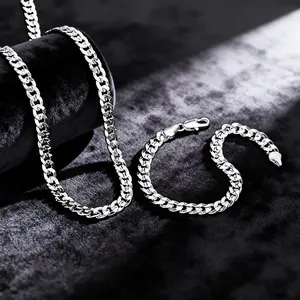 Silver 7mm Sideways Men's Cuban Necklace Bracelet Set for Daily Wear Birthday Party Gift Ideal for Him Sleek Silver Finish