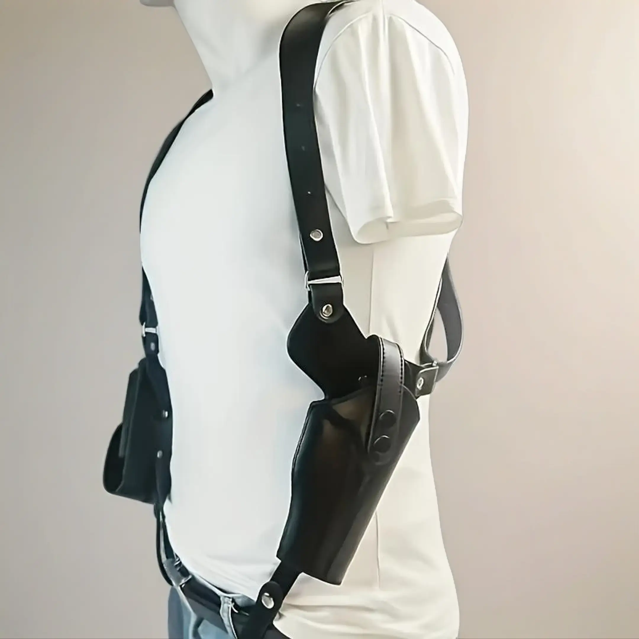 Men's Genuine Cowhide Leather Tactical Shoulder Holster (1PC) - Outdoor Hunting Cross-Back Harness, Adjustable Strap, Customizable Fit, Conceal Carry, Double Pouches, Low Profile, Reinforced Stitching, Compatible with G17,92,1911
