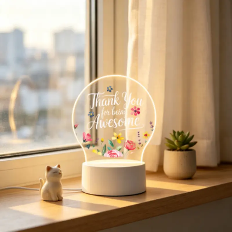 1pc Thank You for Being Awesome Christmas Holiday Gift, Round Acrylic LED Night Light, Colorful Floral Quote Keepsake Lamp for Bedroom Nightstand Desktop