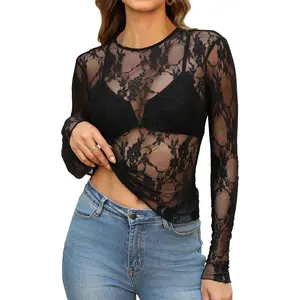 Women's Light Mesh Lace Longsleeves Round Neck Slim-Fitted See-Through Blouse - Chic Floral Embroidery Basic Comfortable Fabric Top with Camisole Tank Top, Essential for Casual Outfits