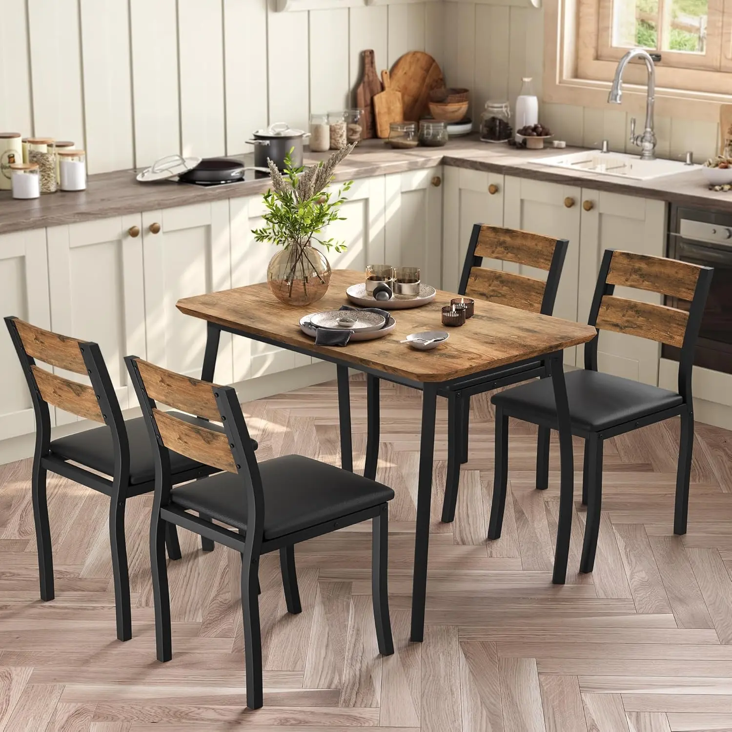 GARVEE 5-Piece Contemporary Brown 4-Seater Dining Set - Dual-Purpose Corner Kitchen Table (Tucks Under), 4 Chairs, Sturdy Metal Frame, Space Saver, Apartment Decor, Small Space Dining Nook Furniture