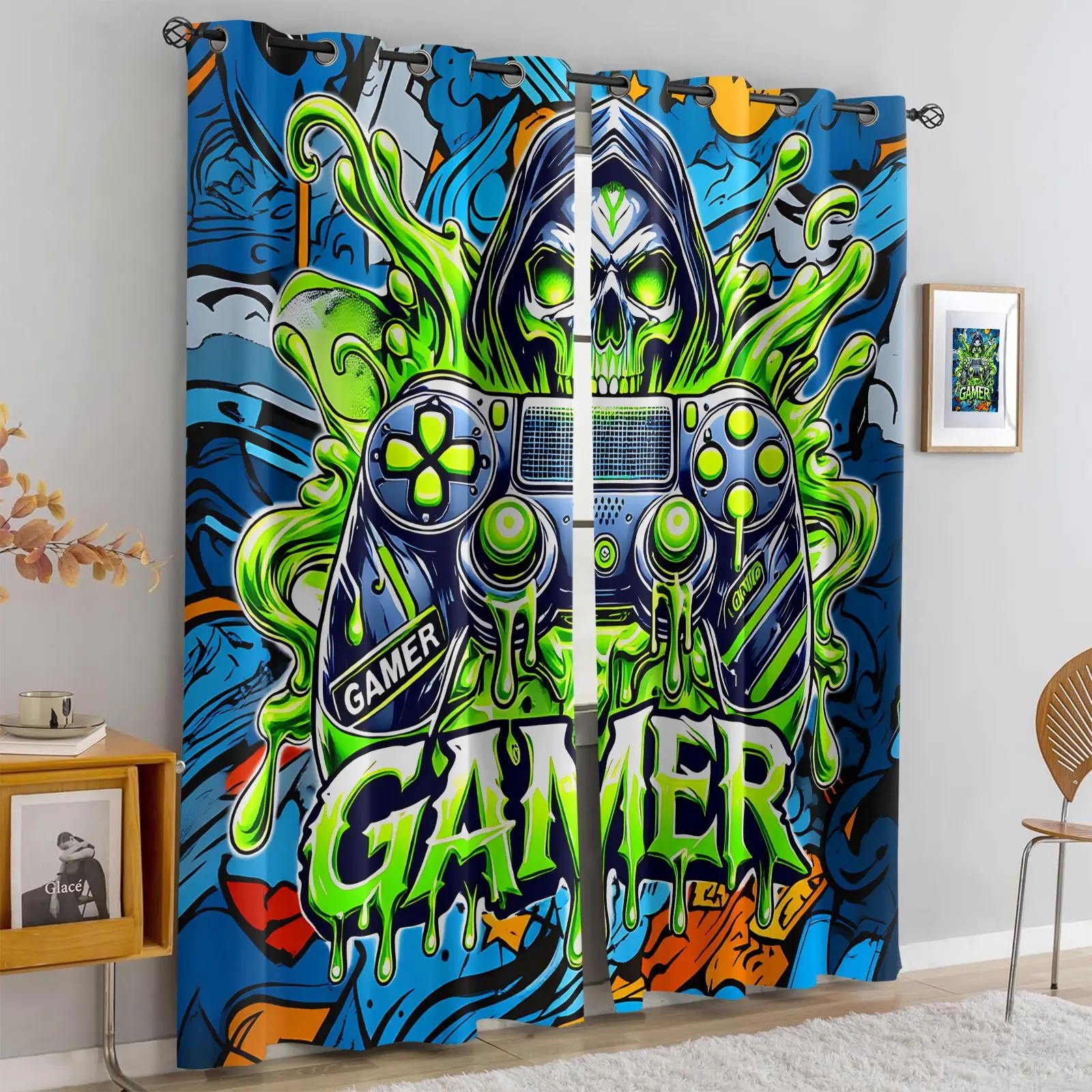 Game Theme Curtains, Neon Green Skull & Game Controller Graffiti Digital Print, Light Blocking, Blackout Window Cover, Window Drapes for Boys Teens Bedroom, Gaming Room, Gamer Gift for Video Game Lovers. 2-Pack, Easy to Install & Wash