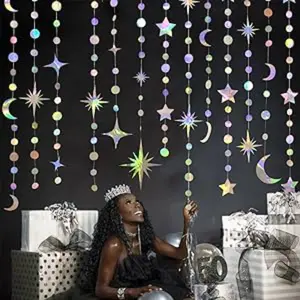 Rainbow Star Moon Polka Dot Ribbon Set, Party Decoration Kit, Hanging New Moon with Shiny Small Ribbons, Birthday Banner