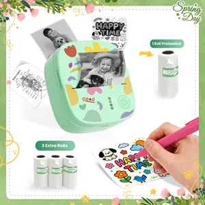 [Springglowup] XenGro Mini Printer Bluetooth included 3 Roll label Thermal Pocket Printer,Inkless Small printer B&W Printing Only for Photos, Study Notes, Lists,Memos, Journals Printing Machine Sticky Label, Birthday Gifts for Kids Green