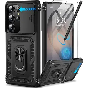 Samsung Galaxy S26 Ultra Case with Screen Protector & Slide Camera Lens Cover, Built-in Magnetic Ring Stand Shockproof Protective Phone Case for Samsung S26 Ultra Case (Black)Includes Tempered Glass Screen Protector