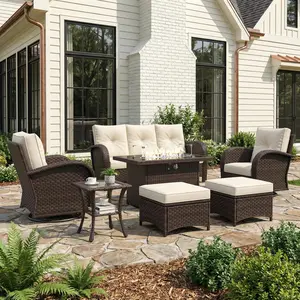 LayinSun 7 Pieces Patio Outdoor Conversation Set, Wicker Furniture Set with Swivel Chairs and Fire Pit Table 7-Seat