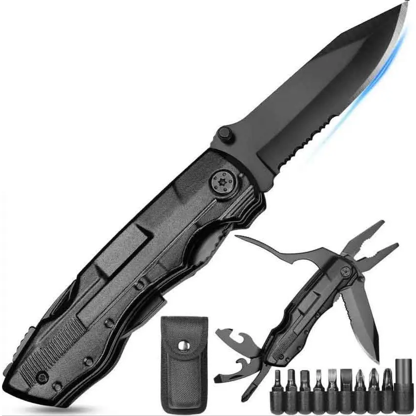 Compact Foldable Stainless Steel Multi-Tool with Safety Lock, 10 Screwdriver Bits, Reusable Foldable Survival Gear, Portable Repair & Outdoor Survival Tools for Men’s Camping Hiking EDC Use