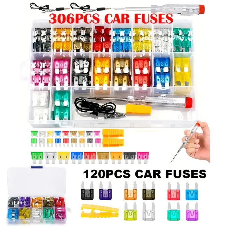 306PCS Car Blade Fuse Assortment Set - Zinc Alloy Auto Fusing Accessories with Colorful Plastic Pallet, Fuse Puller, Transparent Check & Short Testing Tool for Cars Accessories, Golf Cart, Camper, Ship Needs