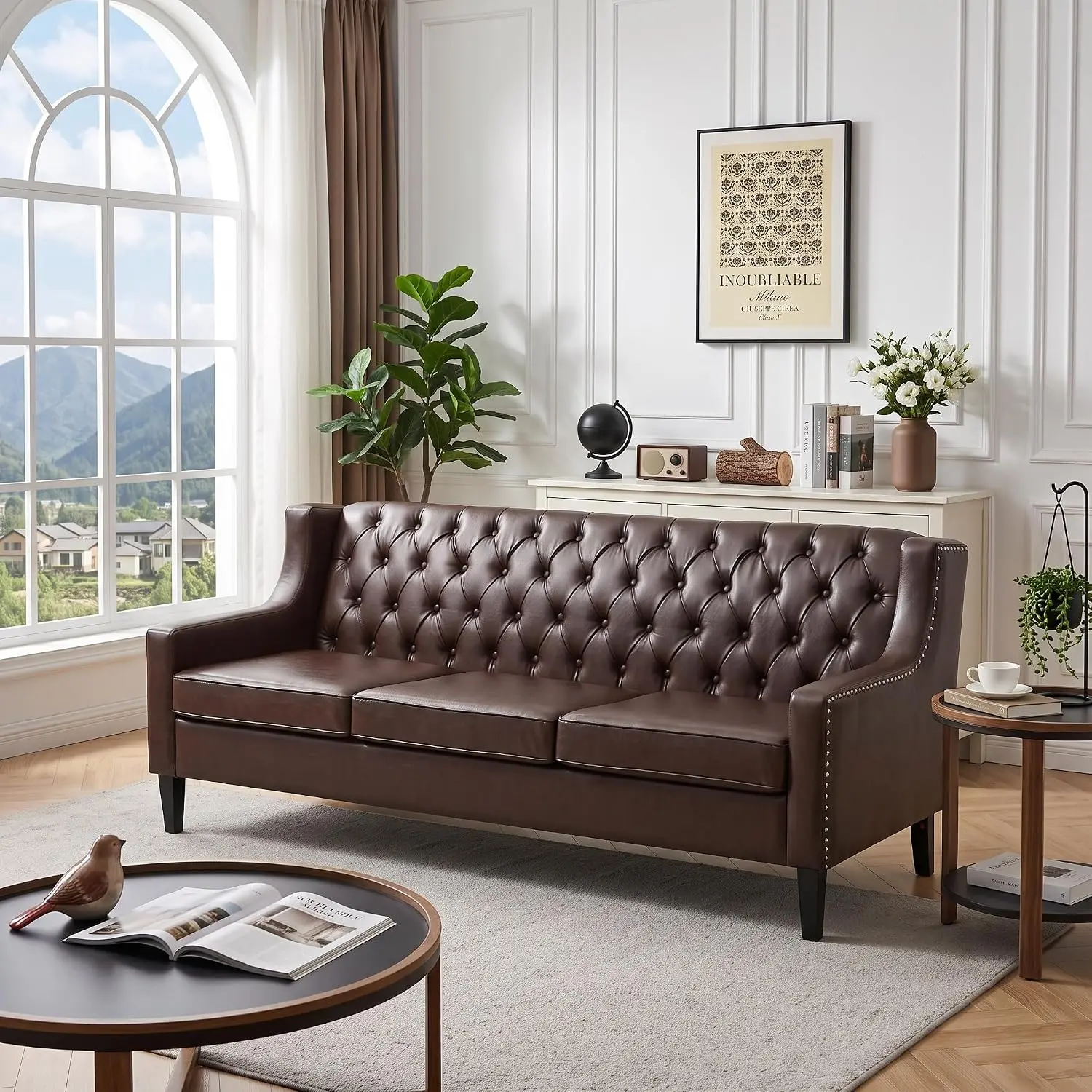 3 Seat 78" Chesterfield Faux Leather Sofa, Mid Century Modern Leather Couch with Tufted Backrest, Upholstered Couch with Nailhead Trim and Solid Wood for Living Room, Office, Apartment