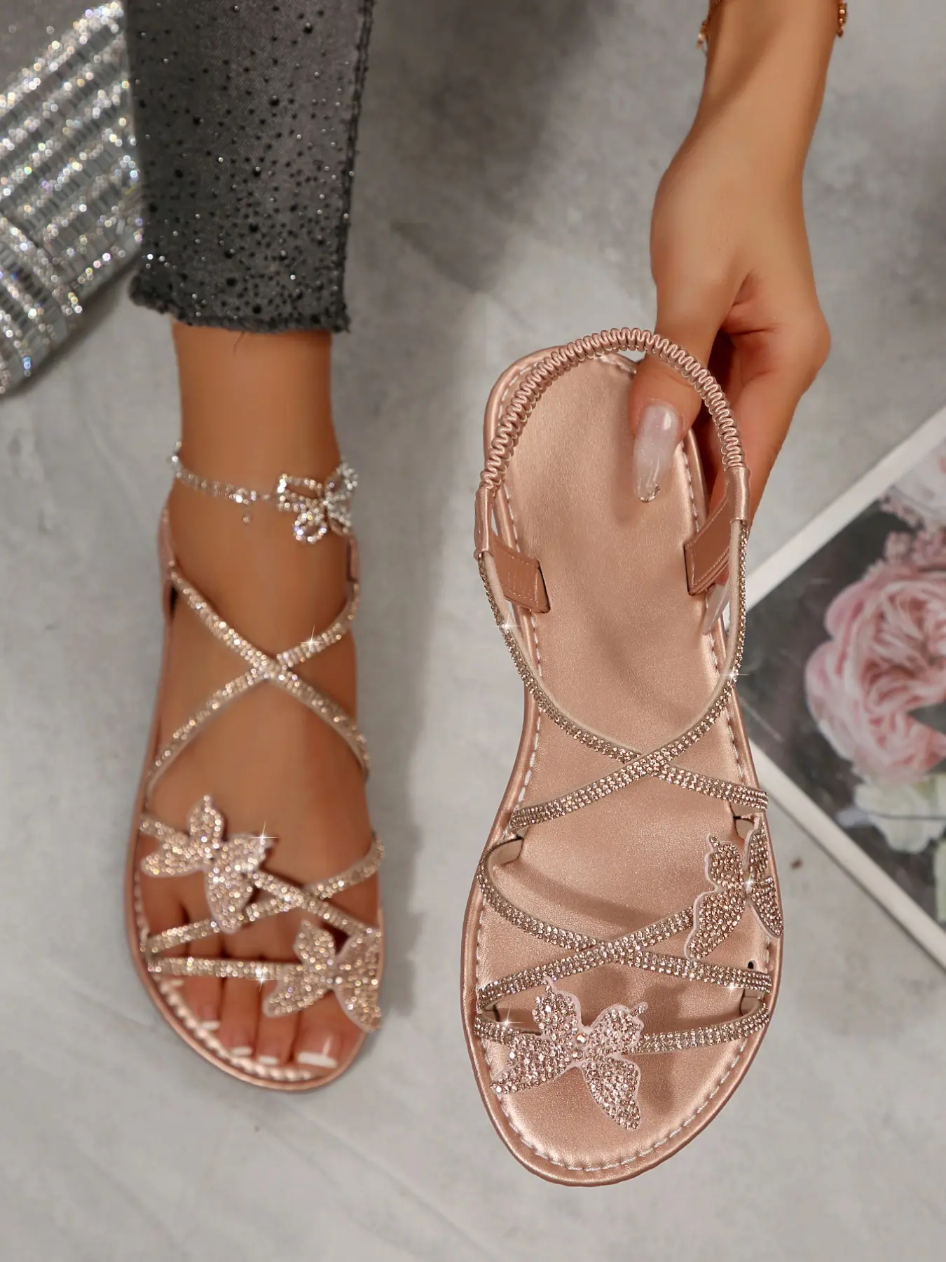Women's Open-Toe Flat Sandals with Glass Rhinestone Strap & Cute Butterfly, Lightweight Slip-On Strappy Summer Sandals