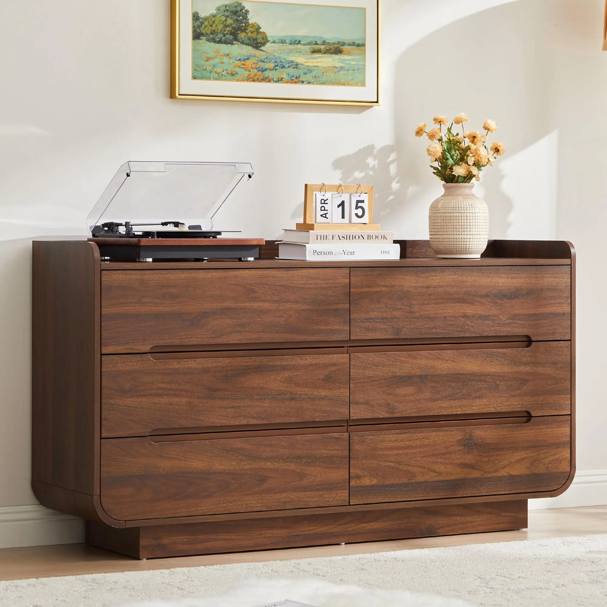 Giratree Curved 6 Drawer Dresser for Bedroom, Modern 53-Inch Chest of Drawers, Wood Storage Dresser Organizers with Hidden Handles, 6 Drawer Dressers for Bedroom, Nursery, Living Room