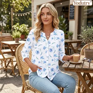 Yodutry|V-Neck Button-Down Linen Blouse 3/4 Sleeve Casual Tunic Top Lightweight Crinkle Fabric Shirt Relaxed Fit Everyday Blouse Breathable Summer Office Top Versatile Work-To-Weekend Shirt Henley Style Button Front Solid Color Basic Wardrobe Staple