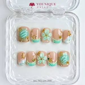 Younique Nails Short Square Press-On Nails Collection 10PCS 100% Handmade Reusable with Poly Extension Gel White Pearlescent Shimmer Sparkly Studded Rhinestone Glitter Cat Eye Chic Art Crème