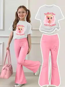 Girls' 4-12y Ballerina Cappuccino Set, Casual Fitted Short Sleeve & Bell Bottoms, Breathable Comfort for Outdoor Activities, Round Neck Set, Casual Fashion Set Clothes Kids