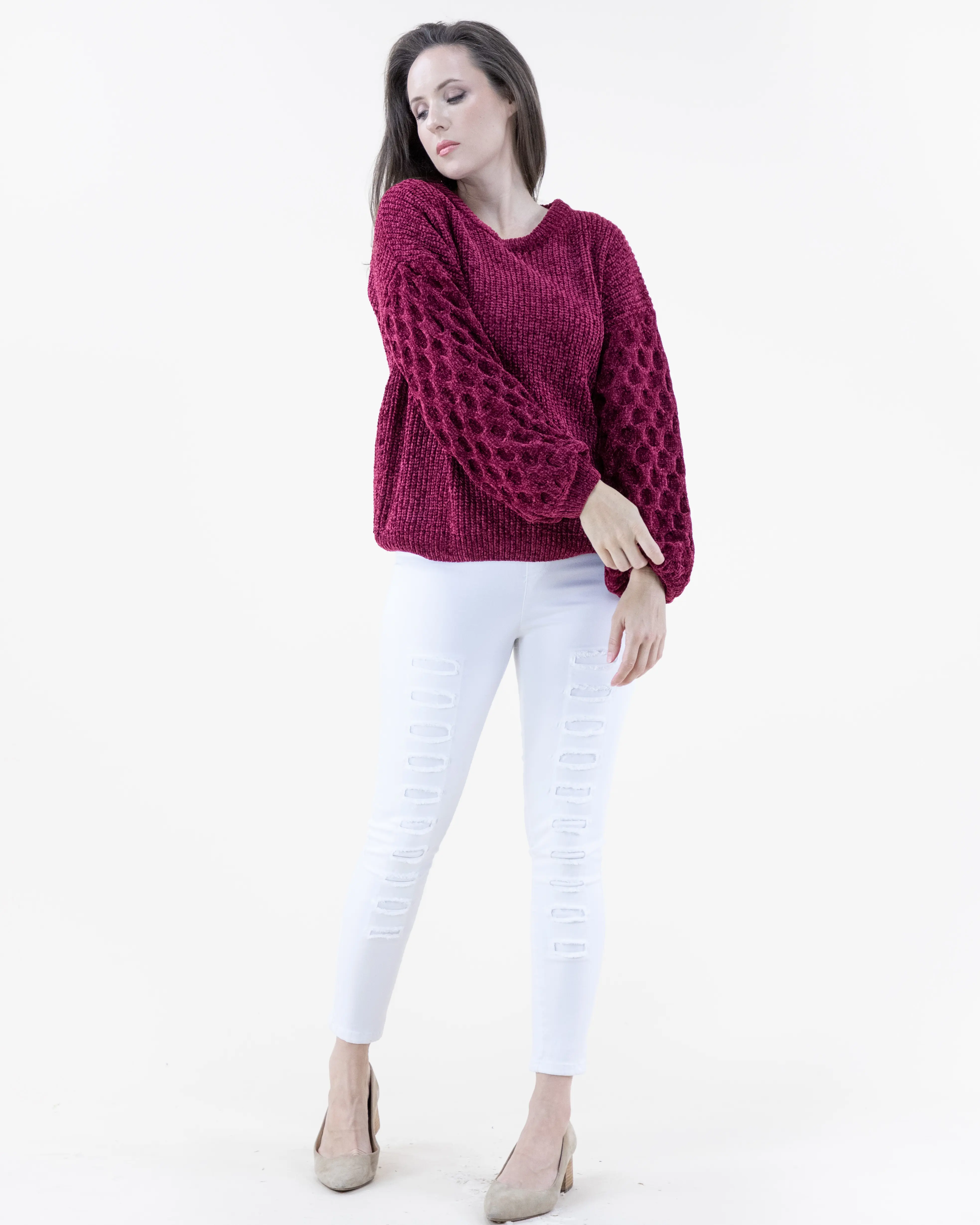 Original USA Women's Chunky Knit Chenille Sweater, Round Neck, Balloon Sleeves with Textured Details, Fall Casual Top, Knitting, Long Sleeve, Knitwear, Longsleeves, Chenille Fabric, Hip Length, Clothes, Loose Fitting, Acrylic, Outdoors, Co, Standard Size,