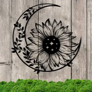 1pc Sunflower Metal Wall Art, 15.74x15.62 inches - Decorative Crescent Moon & Sun Design with Intricate Blackwork, Ideal for Home, Patio, Balcony - Perfect for Housewarming, Wedding, Easter, Christmas Gifts, Outdoor Deco