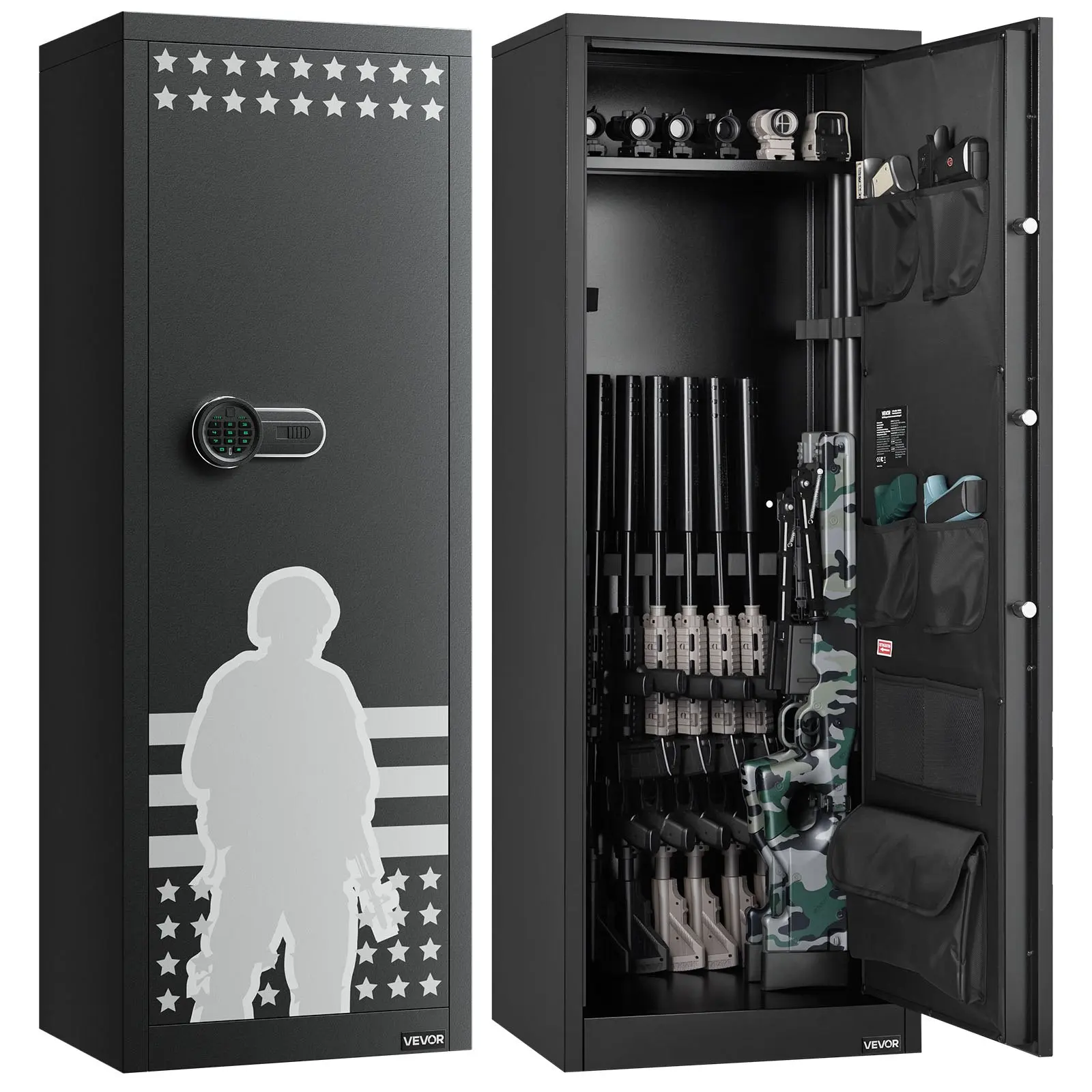 【Summerfinds】VEVOR Smart Security Safe, Large-Capacity 10-12 Long Gun Vault Security Box with Wall Mount Holes, Quick-Access Digital Lock, 4 Pistol Pockets, 3 Adjustable Racks, Key Backup & LED Lights