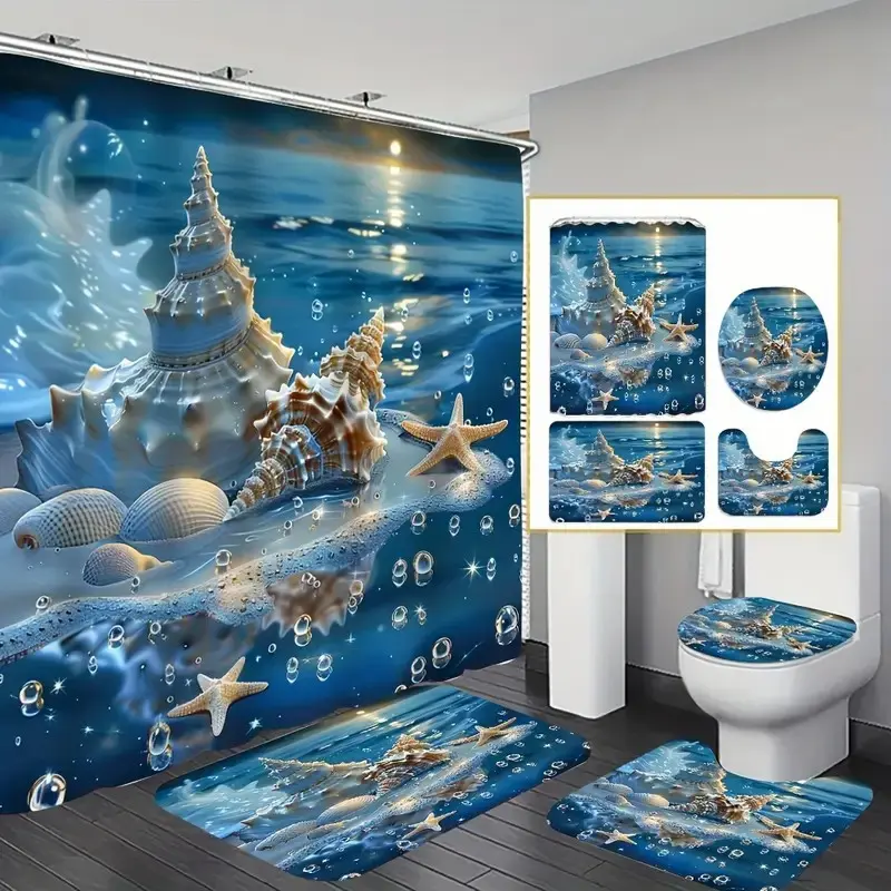 1/4pcs Seashell beach pattern shower curtain set, non-slip mat, U-shaped rug, toilet seat cover, for bathroom decoration, partitioning, Bathroom Decoration Accessories, Bathroom Supplies, includes 12 shower curtain hooks