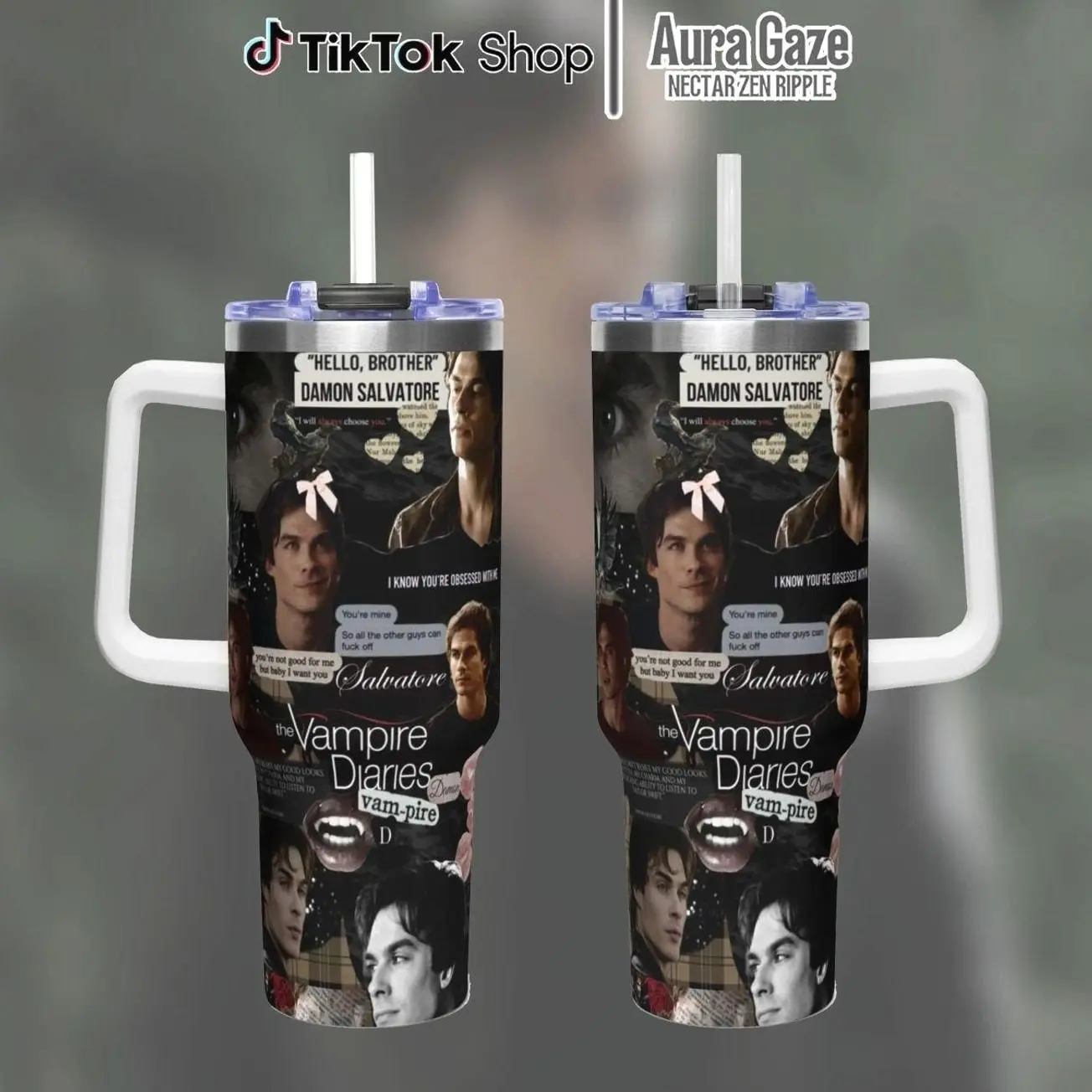 Damon Salvatore Tumbler 40oz – Ian Somerhalder Coffee Cup, Celebrity Crush Gift, The Vampire Diaries Gift For Fan, 40oz Tumbler With Handle