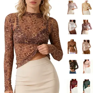 Yeokou Lace Tops for Women, Mesh Top Long Sleeve Floral Lace Blouse, Sheer Mesh Mock Neck Layering Top