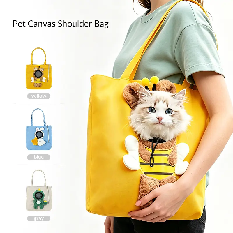 Pet Canvas Shoulder Tote Carrier Bag for Small Cats & Puppies - Cute Cartoon Prints, Adjustable Drawstring, Secure Carry, 2 Sizes (M-L), 3 Styles (Bee-Rabbit-Dinosaur), 3 Colors (Yellow-Blue-Gray), Fits 0-8kg Pets