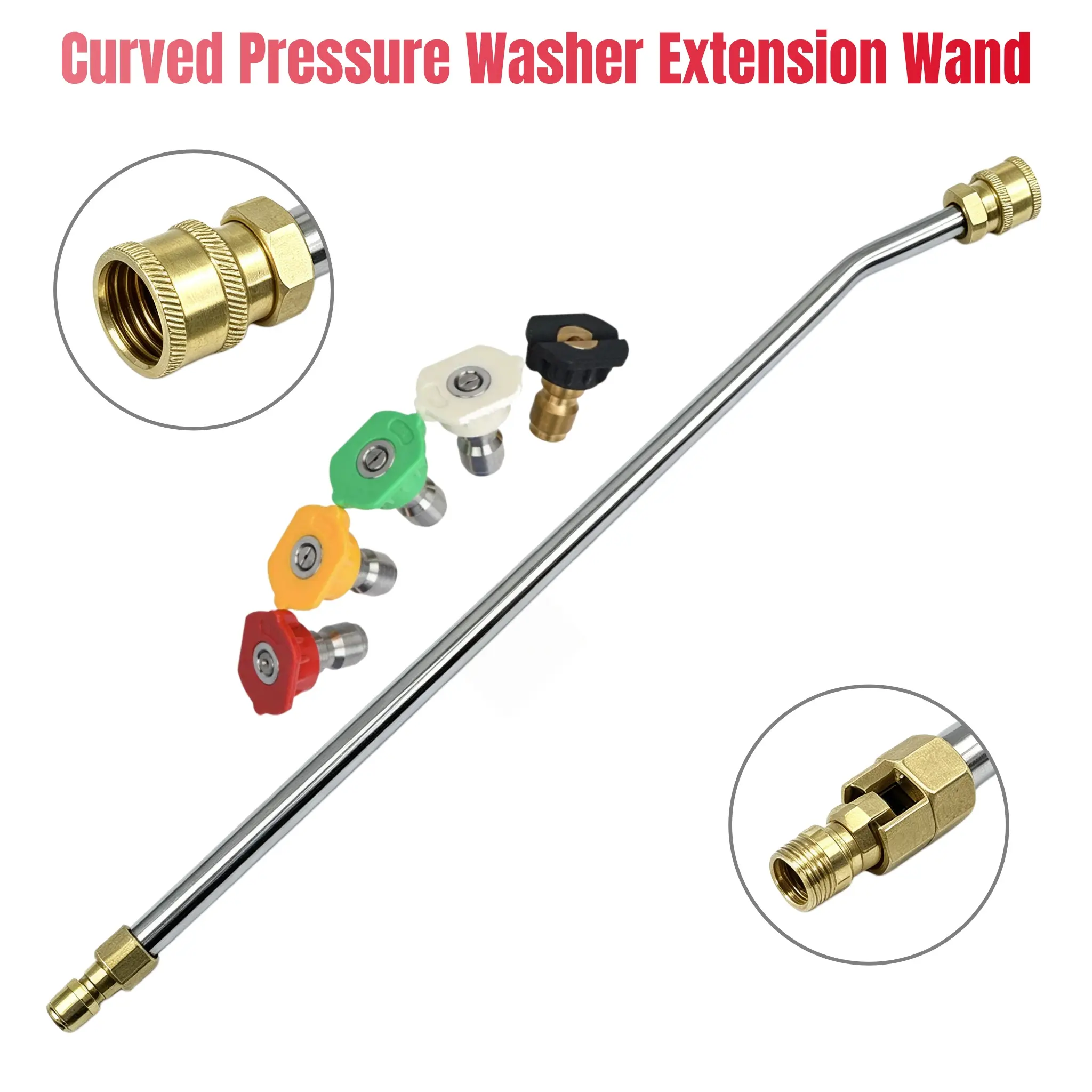 Stainless Steel Curved Pressure Washer Extension Wand, 1/4" Quick Connect Brass Spray Lance, Power Washer Wand for Car Roof Wheel Gap Cleaning, Fits Most Pressure Washers