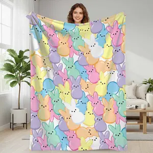 Colorful Bunny Pattern Flannel Blanket  Cute Easter Peep Print Design  Soft Warm Cozy Lightweight Plush Throw  Perfect for Bedroom Living Room Sofa Spring Decor Holiday Gift
