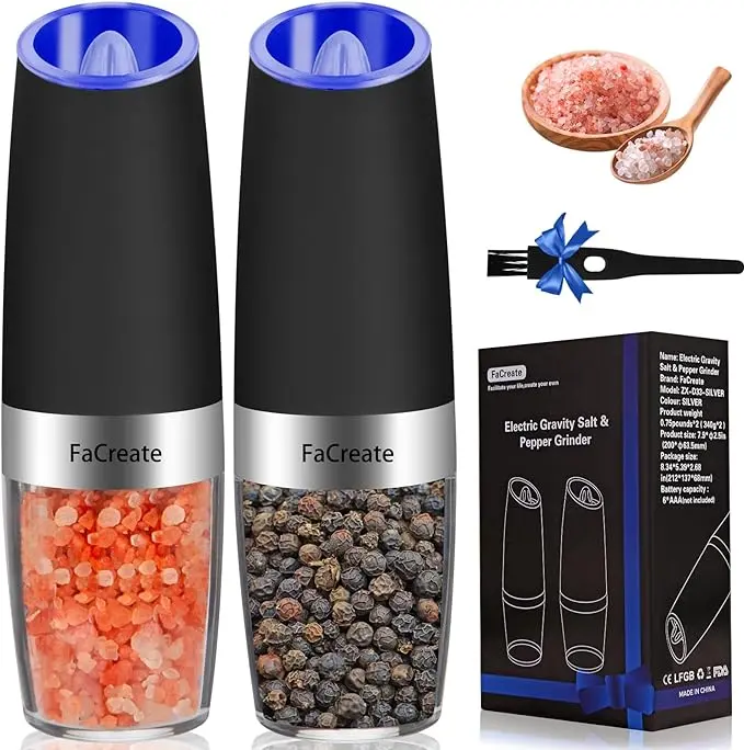 Gravity Electric Salt and Pepper Grinder Set,Automatic Operation Electric Salt and Pepper Shakers Set，Battery Powered Adjustable Coarseness Pepper Mill Grinder LED Light Kitchen Seasoning