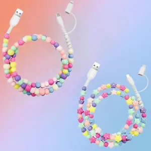 Pearl-Decorated Charging Cable - Compatible with all devices USB-C and Lightning interfaces 2-in-1 data cable, 3.3 feet in length, ideal for women for fast charging, available in multiple colors, Holiday gifts, Christmas gifts, Data Sync Cable